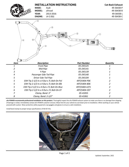 aFe MACH Force-Xp 3in to 2.5in SS Cat-Back Exhaust w/ Black Tip | Audi Allroad (13-16) (49-36438-B)