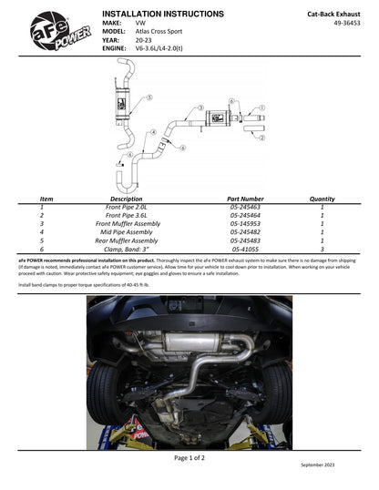 aFe MACH Force-Xp 3in to 2-1/2in SS Hi-Tuck Cat-Back | VW Atlas Cross Sport L4/V6 (20-24) (49-36453)
