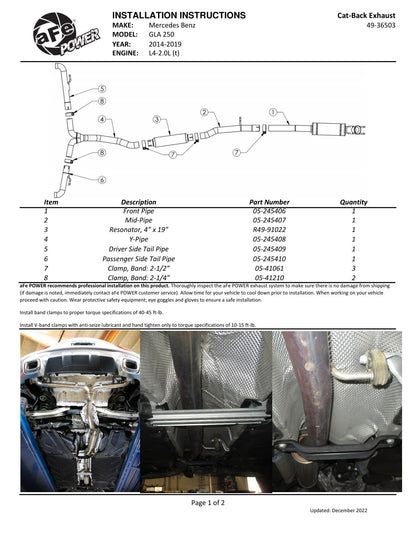 aFe 2.5in to 2.25in SS Cat-Back Exhaust | Mercedes GLA250 14-19 (49-36503)