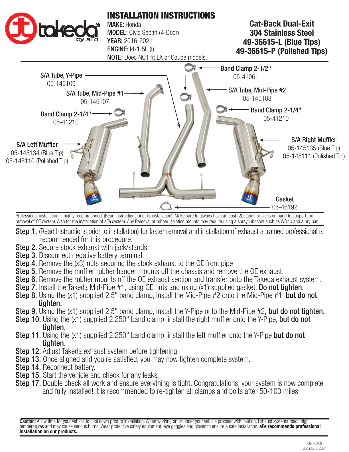 aFe Takeda 2.5-2.25in SS Dual-Exit Cat-Back | Honda Civic 1.5L Turbo (16-17) (49-36615-L)