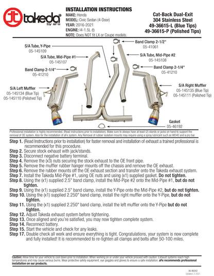 aFe Takeda 2.5-2.25in SS Dual-Exit Cat-Back | Honda Civic 1.5L Turbo (16-17) (49-36615-L)