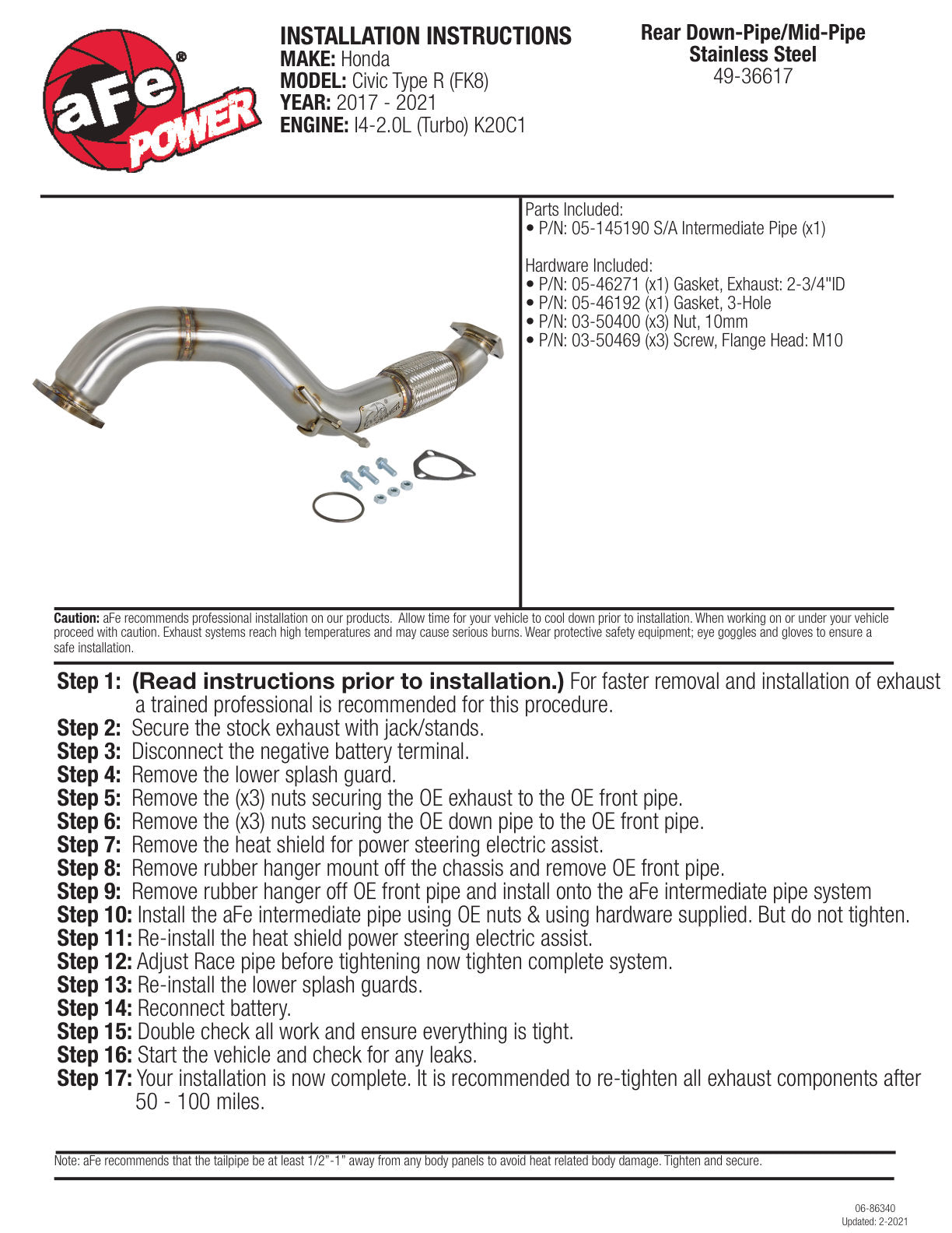aFe Twisted Steel 3in Rear Down-Pipe/Mid Pipe | Honda Civic Type R (17+) (49-36617)