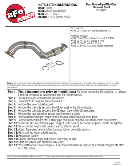aFe Twisted Steel 3in Rear Down-Pipe/Mid Pipe | Honda Civic Type R (17+) (49-36617)