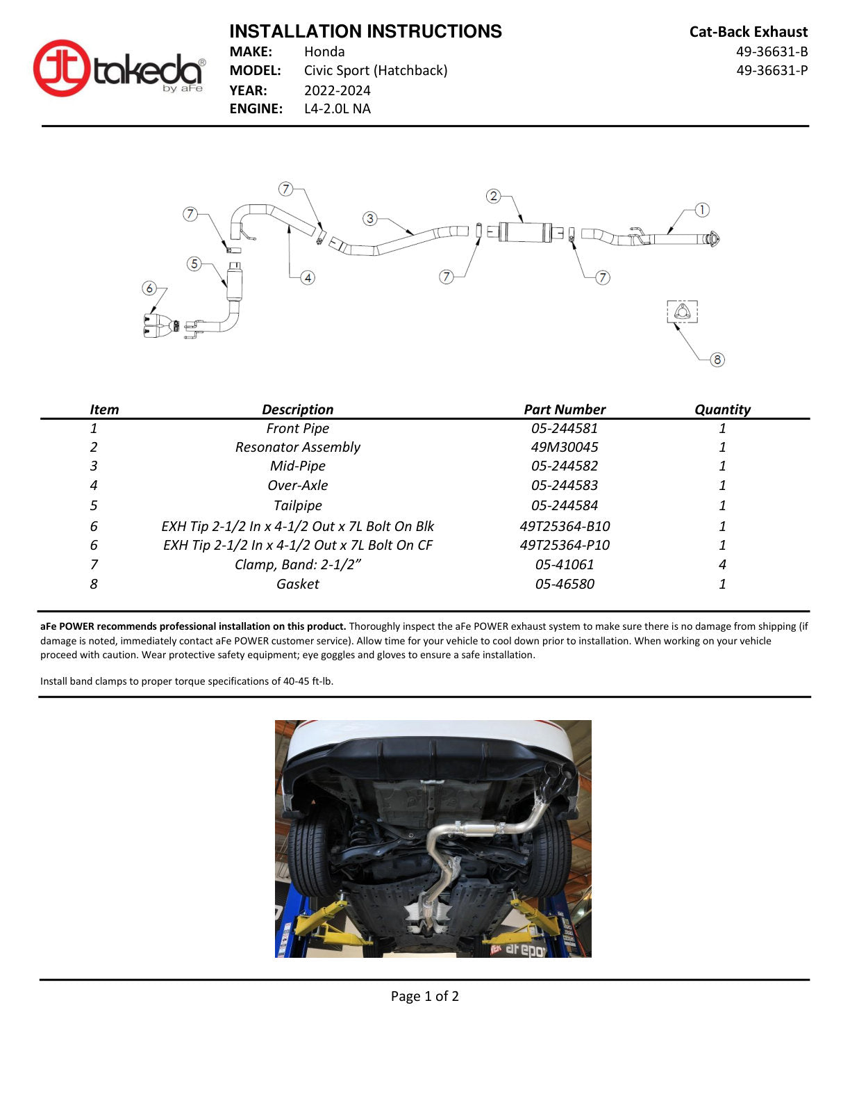 aFe POWER 2.5in 304 SS Cat-Back Exhaust w/ Polished Tips | Honda Civic L4-2.0L (49-36631-P)