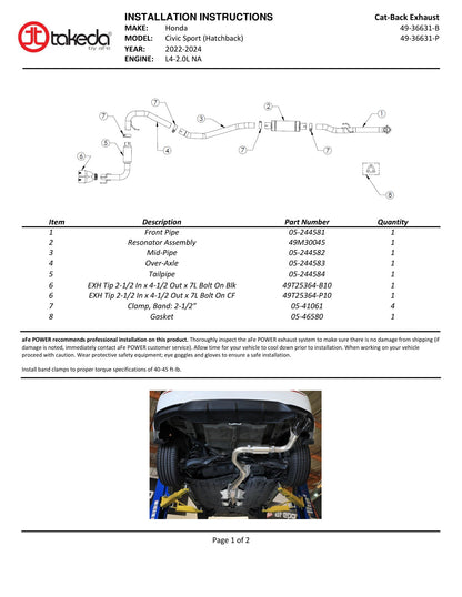 aFe POWER 2.5in 304 SS Cat-Back Exhaust w/ Polished Tips | Honda Civic L4-2.0L (49-36631-P)