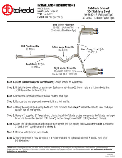 aFe Takeda 3in to 2.25in SS Cat-Back Exhaust Subaru WRX/STI (15-21) (49-36801-L)