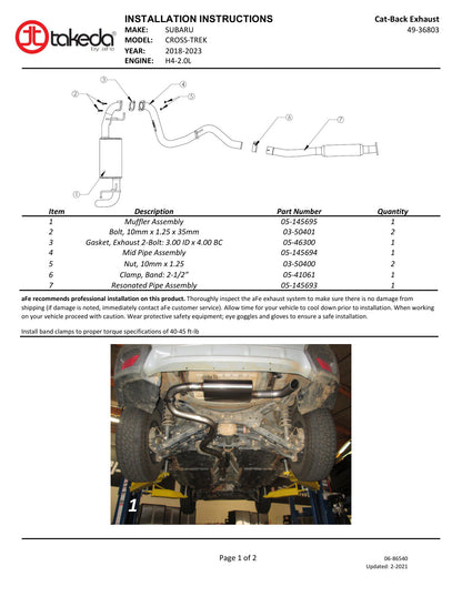 aFe Takeda 2.5in 304 Stainless Steel Cat-Back | Subaru Crosstrek (18-19) (49-36803)