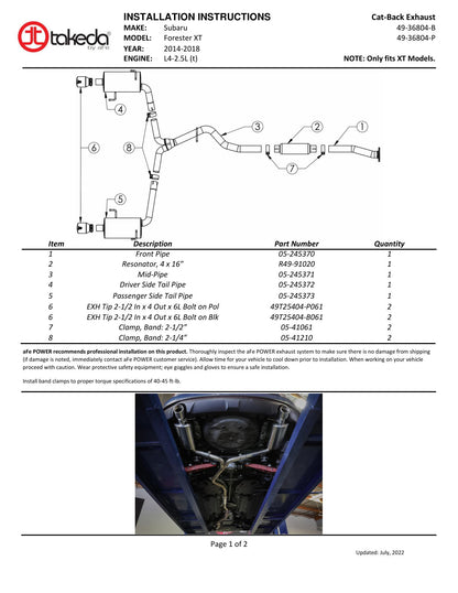 aFe Takeda 2.5in to 2.25in 304 SS Cat-Back Exhaust w/ Black Tips Subaru Forester 14-18 (49-36804-B)