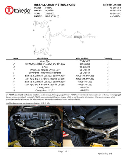 aFe Subaru WRX/STi 15-21 Stainless Cat-Back Exhaust w/ Black Tip | Subaru WRX / STI (15-21) (49-36810-B)
