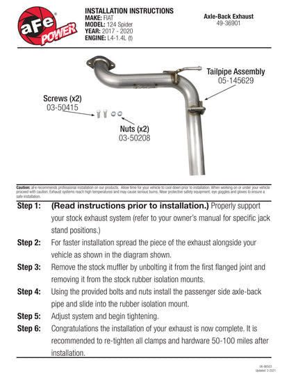 aFe 2-1/2 IN 304 Stainless Steel Axle-Back Exhaust System | Fiat 124 Spider I4-1.4L (t) (49-36901)