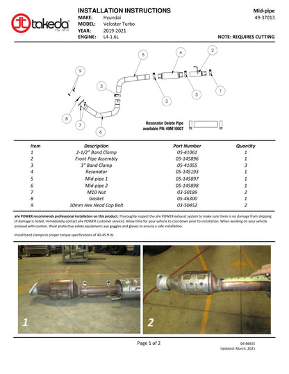 aFe Takeda 3in 304 SS Mid-Pipe Exhaust | Hyundai Veloster 2019-20 I4-1.6L (49-37013)