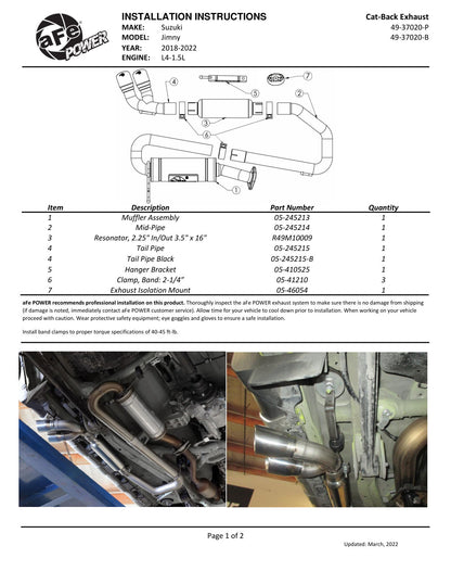 aFe 18-21 Suzuki Jimny Takeda 2-1/4in. 304 SS Cat-Back Exhaust w/ Blk Tip