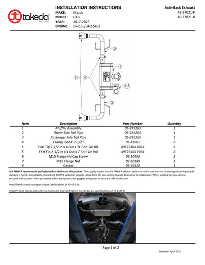 aFe Takeda 2.5in SS Axle-Back Exhaust w/ Black Tips | Mazda CX-5 2017-21 2.5L (49-37021-B)