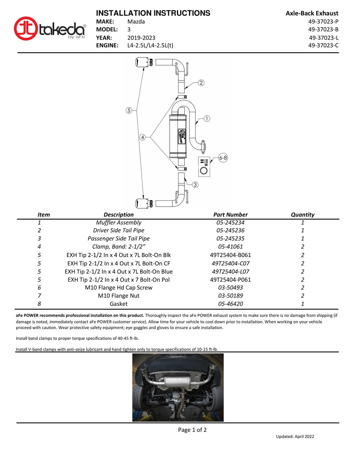 aFe 19-22 Mazda 3 Axle-Back Exhaust w/Polished Tips | Mazda 3 (19-26,13-19) (49-37023-P)