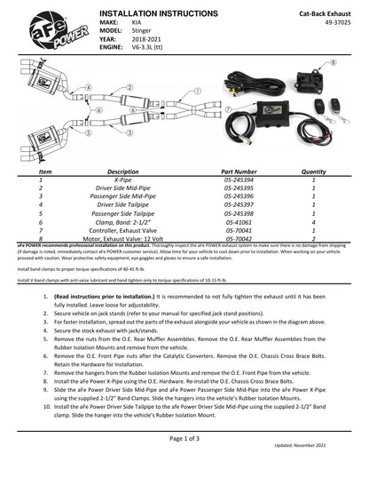 aFe Gemini XV 2.5in SS Cat-Back w/ Cut-Out | Kia Stinger GT 3.3T (18-22) (49-37025)