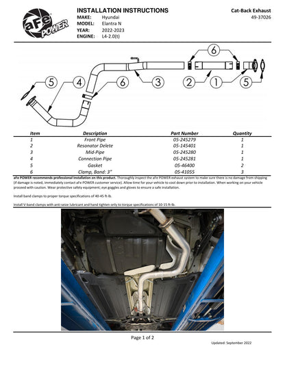 aFe Takeda 3 IN 304 SS Mid-Pipe | Hyundai Elantra N (22-23) (49-37026)