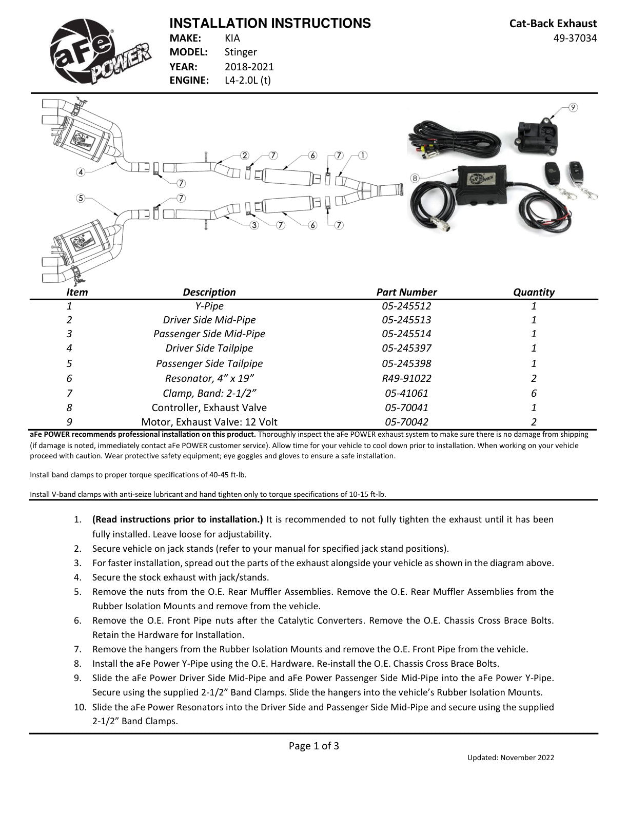 aFe Gemini XV 3in to Dual 2-1/2in SS Cat-Back Exhaust w/ Cut-Out | Kia Stinger (18-21) (49-37034)