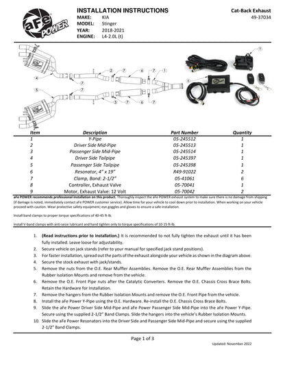 aFe Gemini XV 3in to Dual 2-1/2in SS Cat-Back Exhaust w/ Cut-Out | Kia Stinger (18-21) (49-37034)