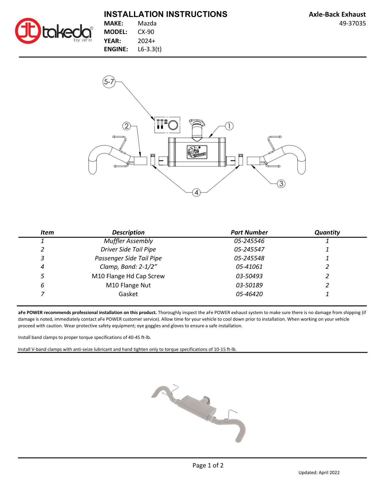 aFe Takeda 3in-2.5in SS Axle-Back Exhaust | Mazda CX-90 (24-25) (49-37035)