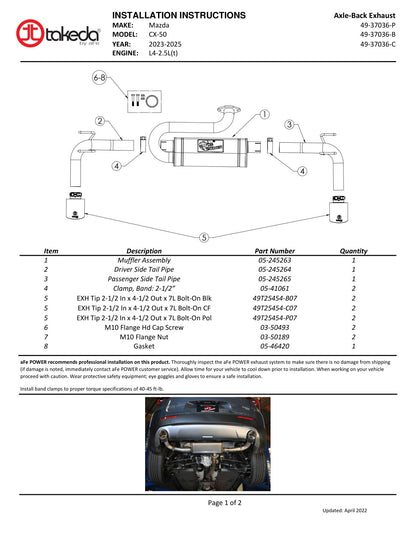 aFe 2.5in SS Axle-Back Exhaust | Mazda CX-50 (22-25) (49-37036-P)