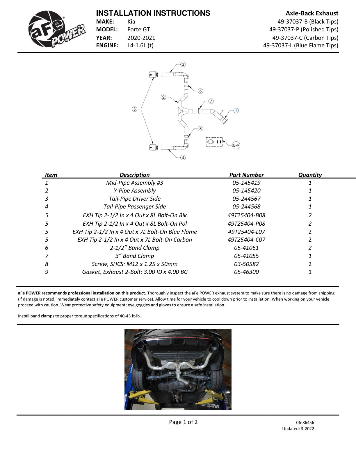aFe Takeda 20-21 Kia Forte GT 1.6L (t) 3in to 2.5in SS Axle-Back Exhaust System w/ Blue Flame Tips