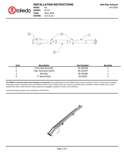 aFe Takeda 3in SS Mid-Pipe | Kia K5 15-21/20-26 (49-37042)