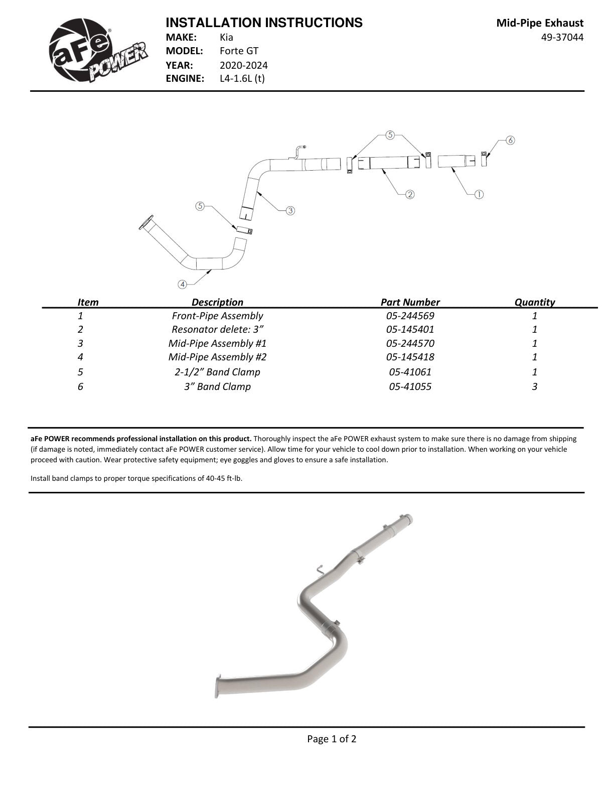aFe Takeda 3in SS Mid-Pipe | Kia Forte (19-26) (49-37044)