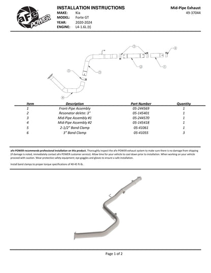 aFe Takeda 3in SS Mid-Pipe | Kia Forte (19-26) (49-37044)