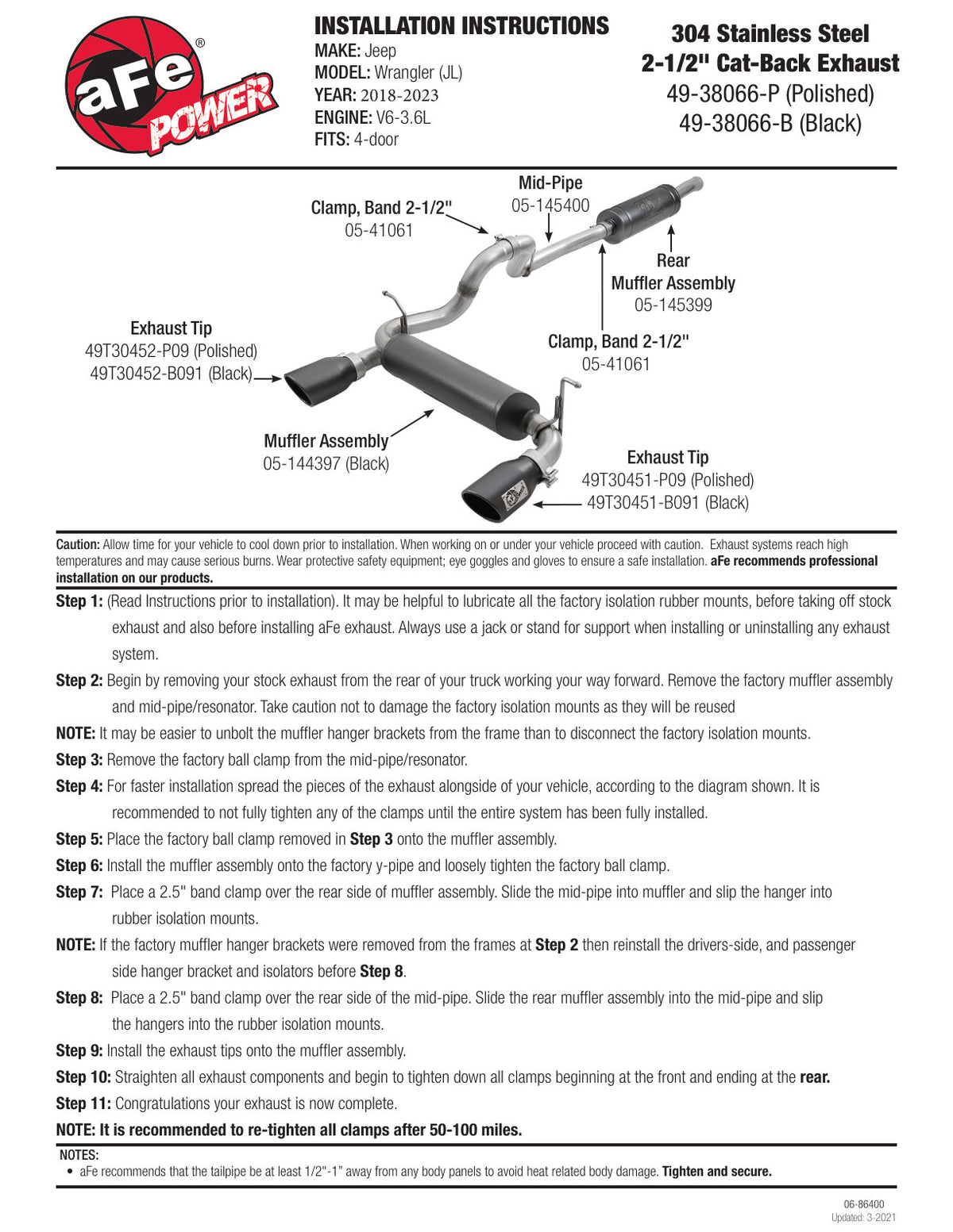 aFe 2.5in SS Cat-Back Exhaust Jeep Wrangler JL V6 3.6L (18+) (49-38066-P)