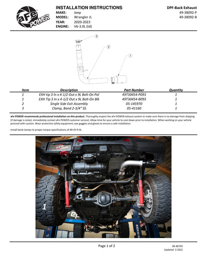aFe HD 3in SS DPF-Back Exhaust | Jeep Wrangler (49-38092-P)