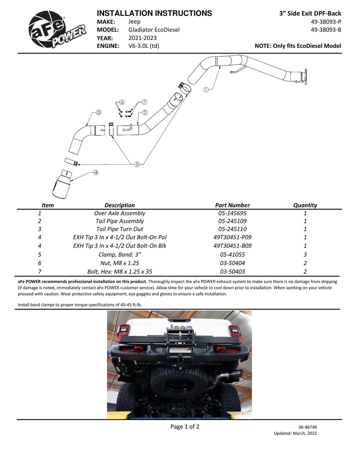 aFe 2021+ Jeep Gladiator V6-3.0L SS DPF-Back Exhaust | Gladiator (19-26) (49-38093-P)