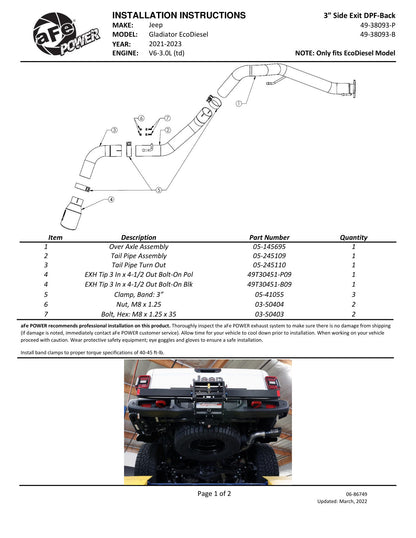 aFe 2021+ Jeep Gladiator V6-3.0L SS DPF-Back Exhaust | Gladiator (19-26) (49-38093-P)