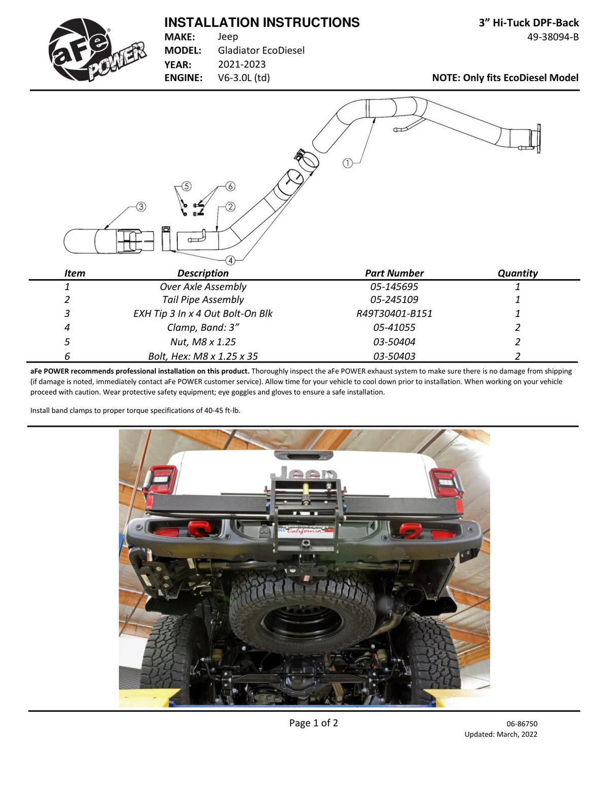 aFe 2021+ Jeep Gladiator V6-3.0L Vulcan SS 3in DPF-Back Exhaust w/ Black Tip (49-38094-B)