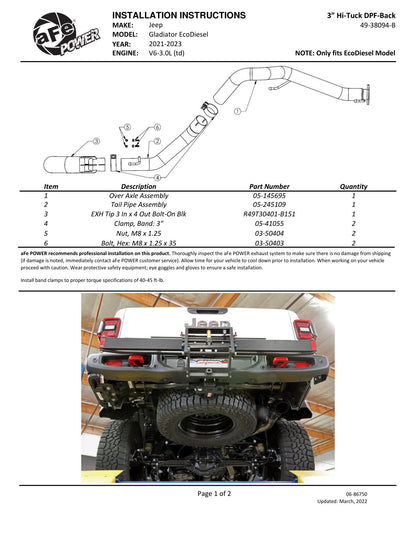 aFe 2021+ Jeep Gladiator V6-3.0L Vulcan SS 3in DPF-Back Exhaust w/ Black Tip (49-38094-B)