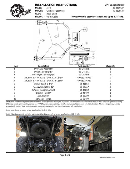 aFe Vulcan SS 3in to 2.5in Cat-Back Exhaust Jeep Gladiator (21-22) (49-38095-P)