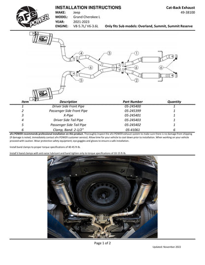 aFe 2-1/4in to 2-1/2in SS Cat-Back Exhaust | Jeep GC L V8 21-23 (49-38100)