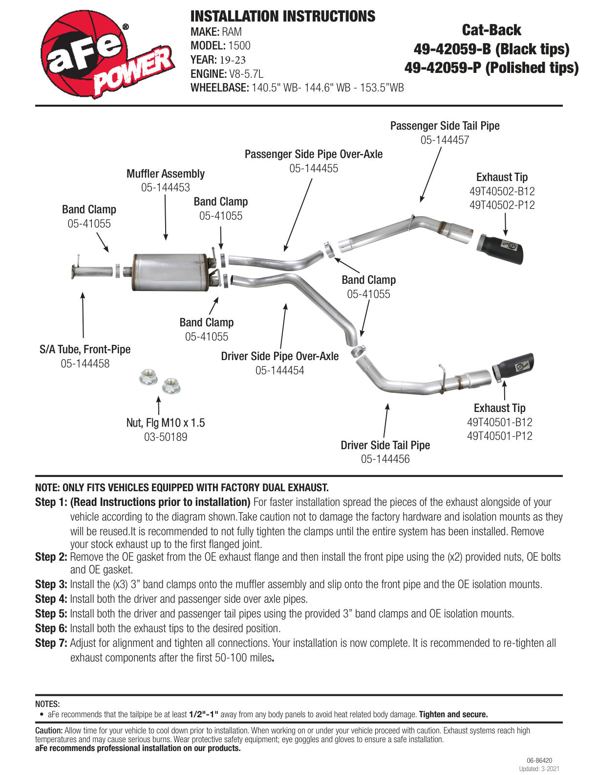 aFe 3in SS Cat-Back Exhaust w/ Dual Tips | RAM 1500 V8-5.7L (19) (49-42059-B)