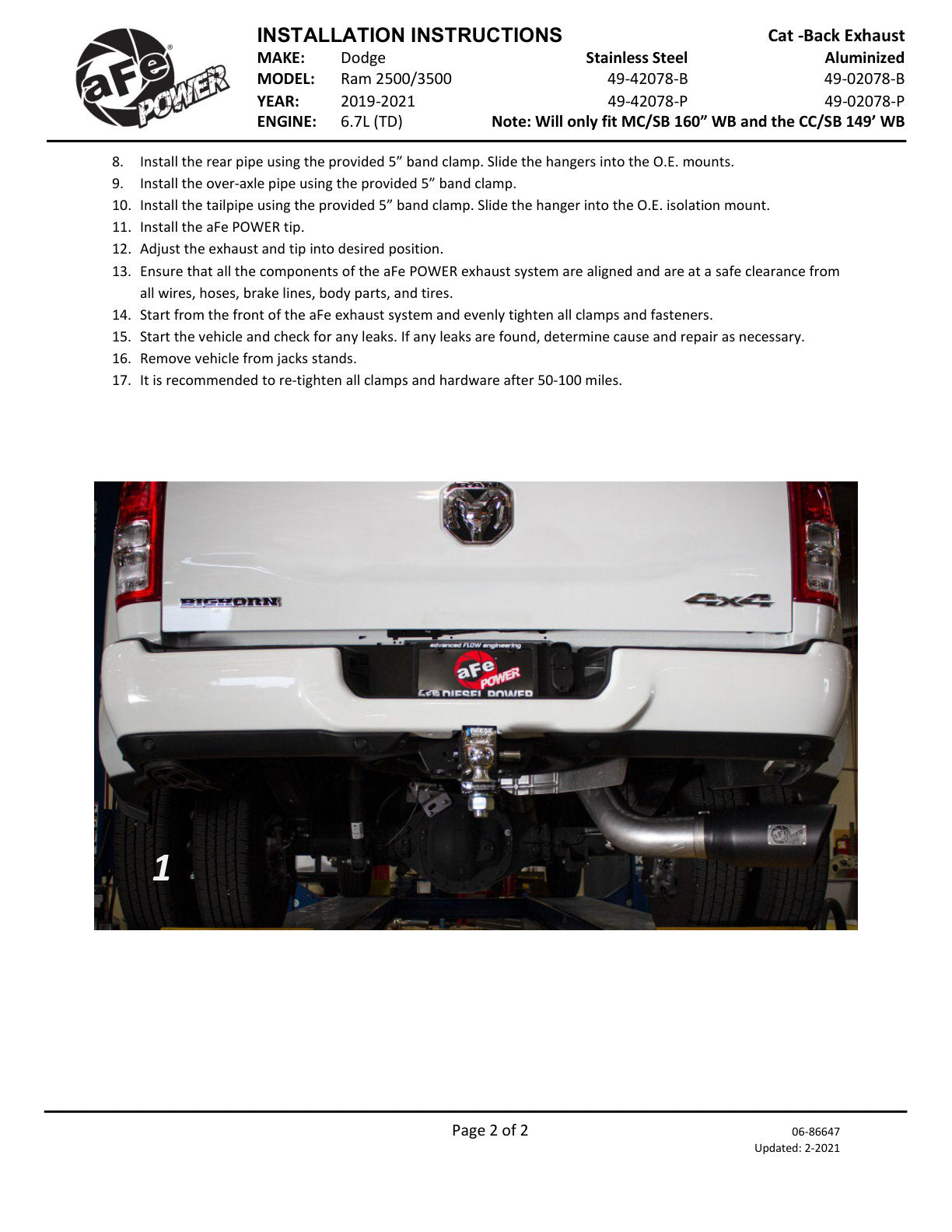 aFe LARGE BORE HD 5in 409-SS DPF-Back Exhaust w/Pol Tip 19-20 Ram Diesel Trucks L6-6.7L (td)