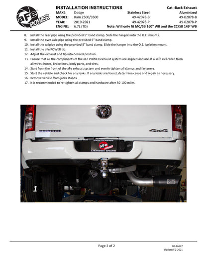 aFe LARGE BORE HD 5in 409-SS DPF-Back Exhaust w/Pol Tip 19-20 Ram Diesel Trucks L6-6.7L (td)