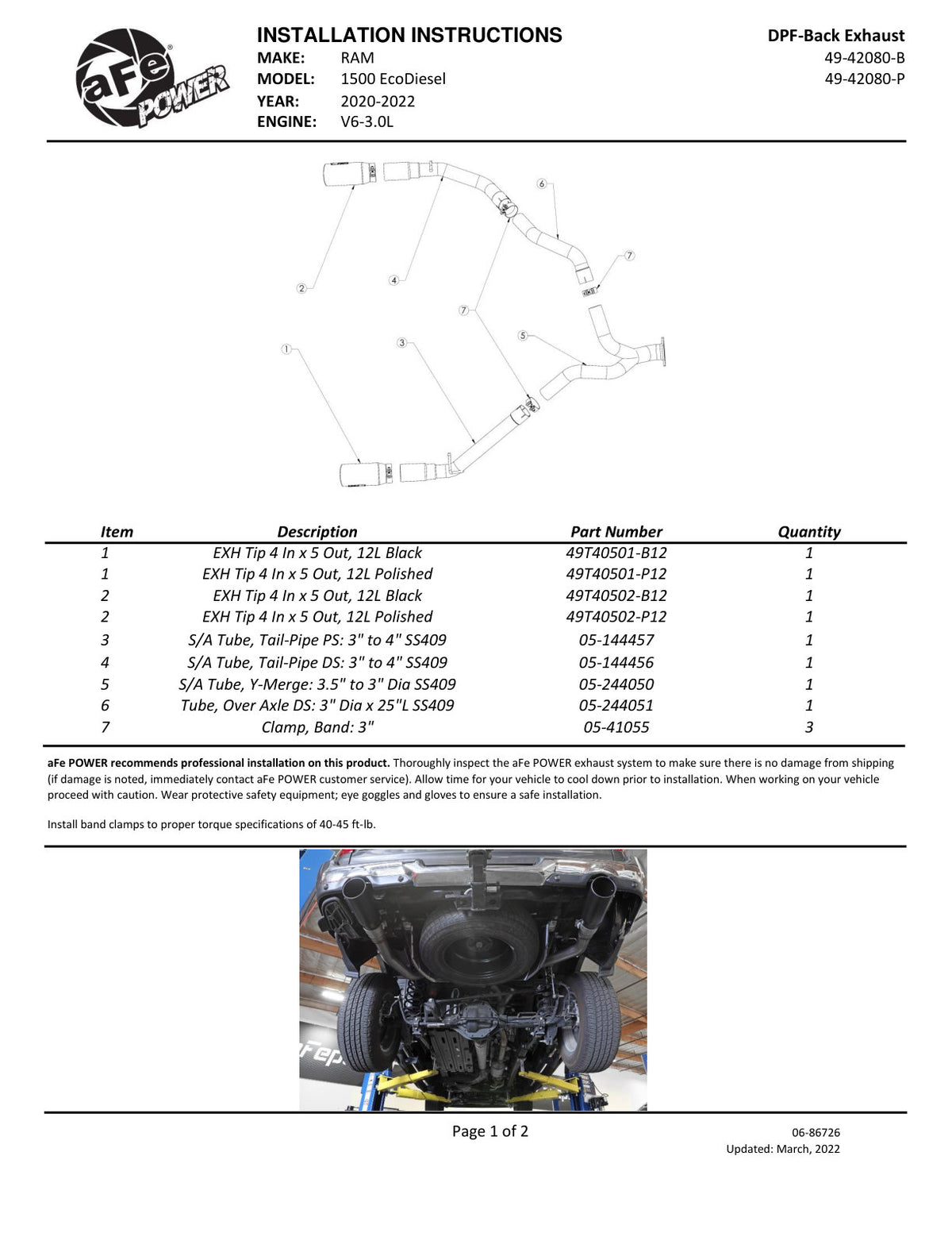 aFe Large Bore HD 3in 409SS DPF-Back Exhaust w/ Polished Tip | RAM 1500 V6-3.0 (20-21) (49-42080-P)