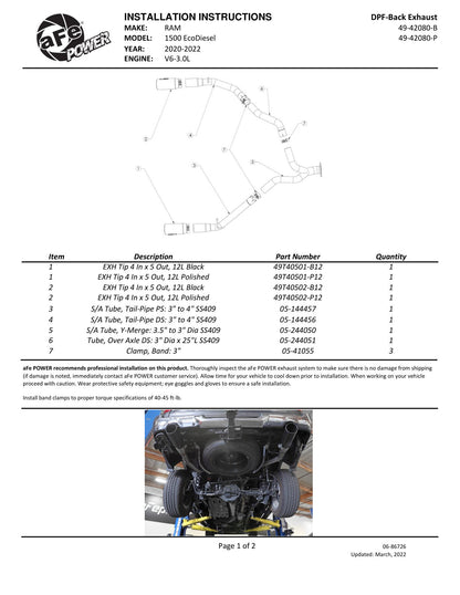 aFe Large Bore HD 3in 409SS DPF-Back Exhaust w/ Polished Tip | RAM 1500 V6-3.0 (20-21) (49-42080-P)