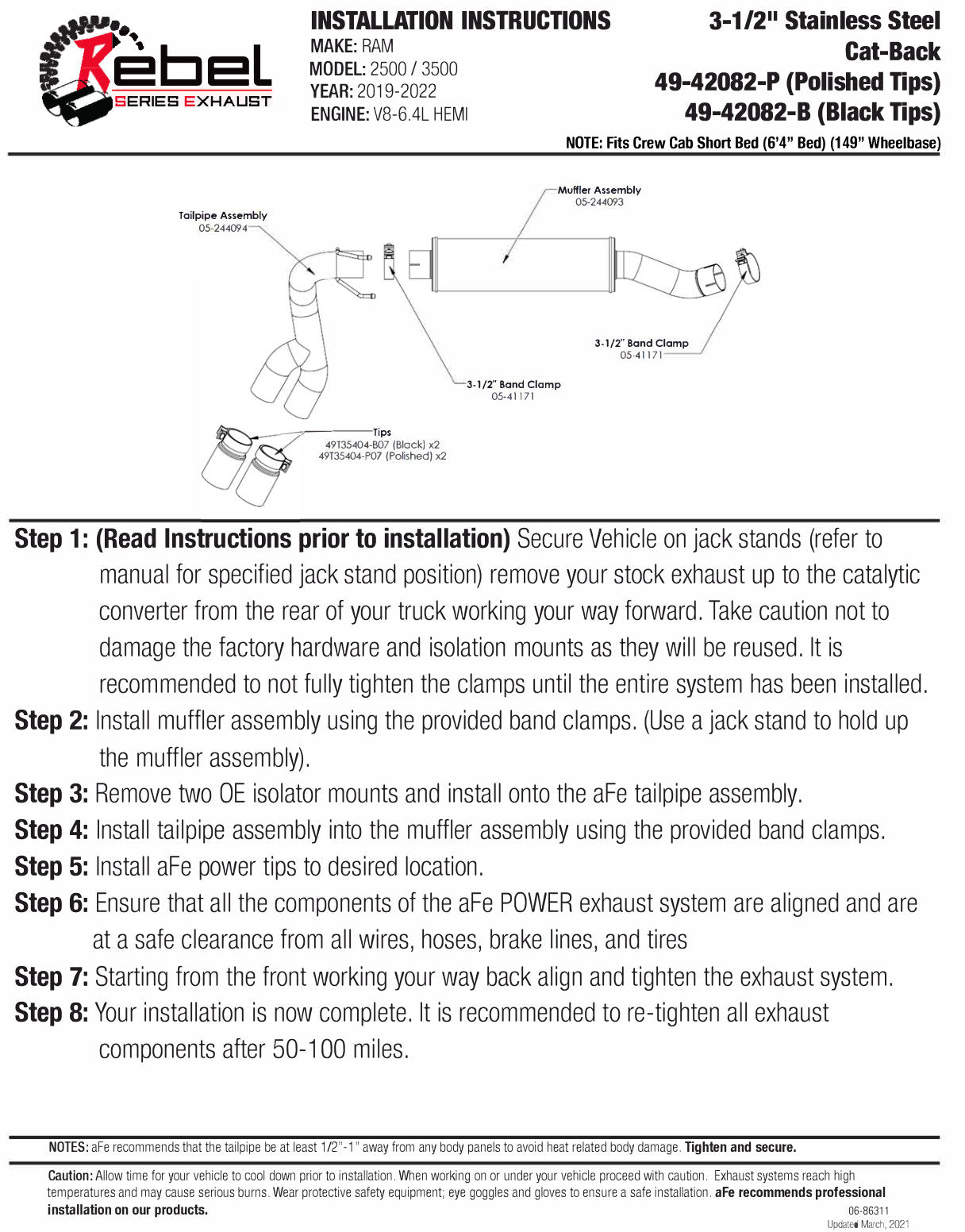 aFe Rebel Series 3.5in SS Cat-Back Exhaust Ram 2500/3500 (19-22) (49-42082-P)