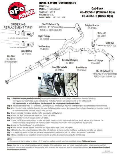aFe 3in SS Cat-Back Exhaust | Ford F150 EcoBoost V6-3.5L TT (11-14) (49-43056-B)