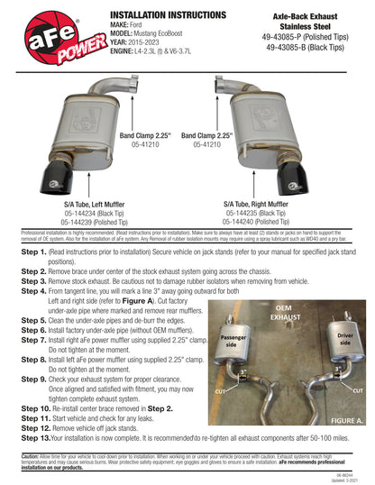 aFe 2.5in 409 SS Axle-Back Exhaust w/ Black Tip | Ford Mustang I4-2.3L (15-17) (49-43085-B)