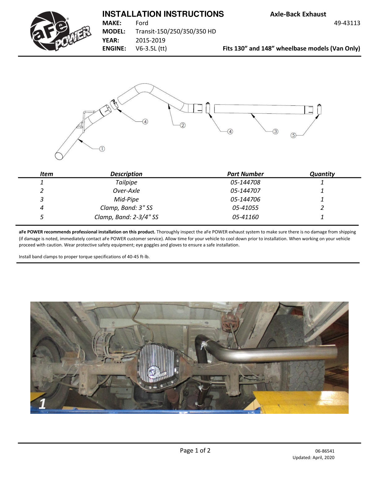 aFe Apollo GT Series Axle-Back Exhaust System Ford Transit Models 15-19 V6-3.5L (tt)