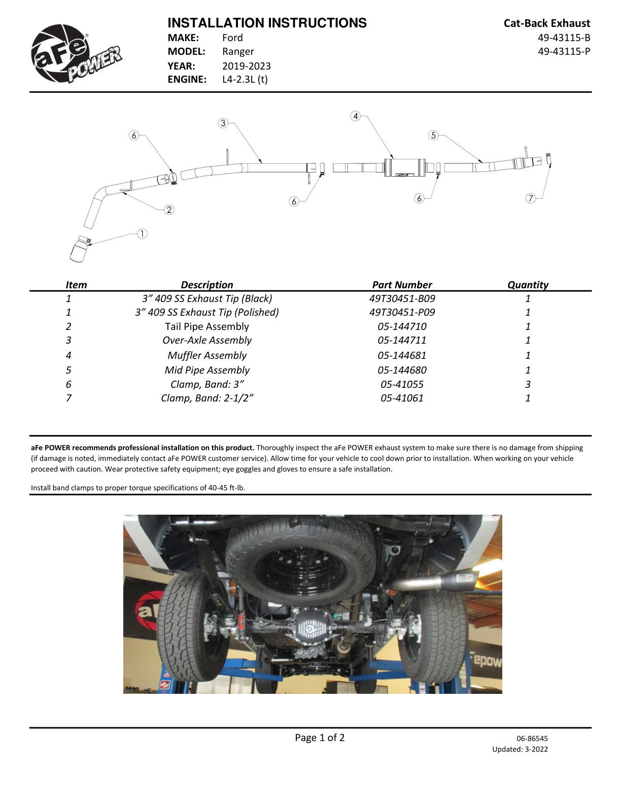 aFe Apollo GT Series 3in 409 SS Cat-Back Exhaust 2019 Ford Ranger 2.3L w/ Black Tips
