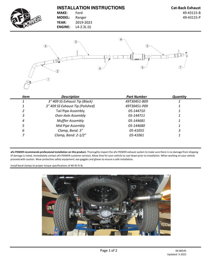 aFe Apollo GT Series 3in 409 SS Cat-Back Exhaust 2019 Ford Ranger 2.3L w/ Black Tips