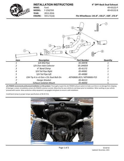 aFe Large Bore HD 4in DPF-Back Exhaust w/ Black Tip | Ford F-250/350 V8 Diesel (11-16) (49-43122-B)