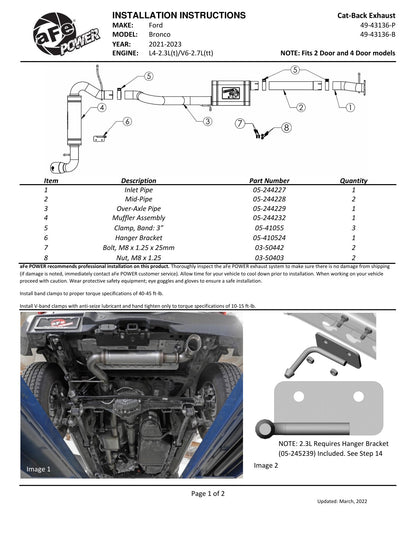 aFe Apollo GT 3in SS Black Tip Cat-Back Exhaust Ford Bronco (21-22) (49-43136-B)
