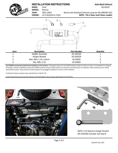 aFe Apollo GT Series 3in 409 SS Hi-Tuck Axle-Back Exhaust | Ford Bronco (21-24) (49-43147)